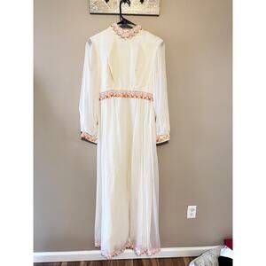 Vintage 1970s Boho White with Orange Embroidered Detail Maxi Dress RARE